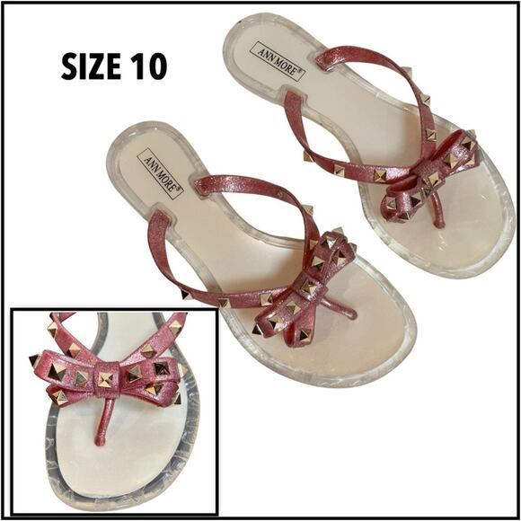 Ann More PINK SPARKLE  JELLY SANDALS BOW TRIM DECORATION THONG SANDAL SZ 10 $28 - Picture 1 of 10